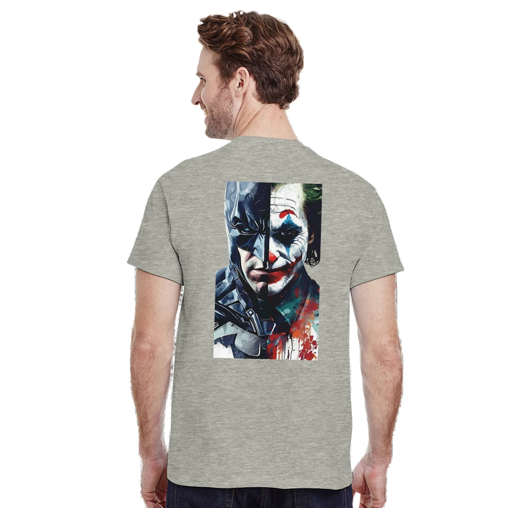 Person wearing a gray t-shirt with a BATMAN AND  JOKER 
design 