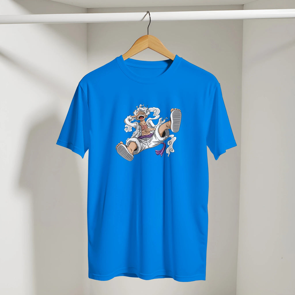 Blue t-shirt with a graphic design on a hanger against a neutral background