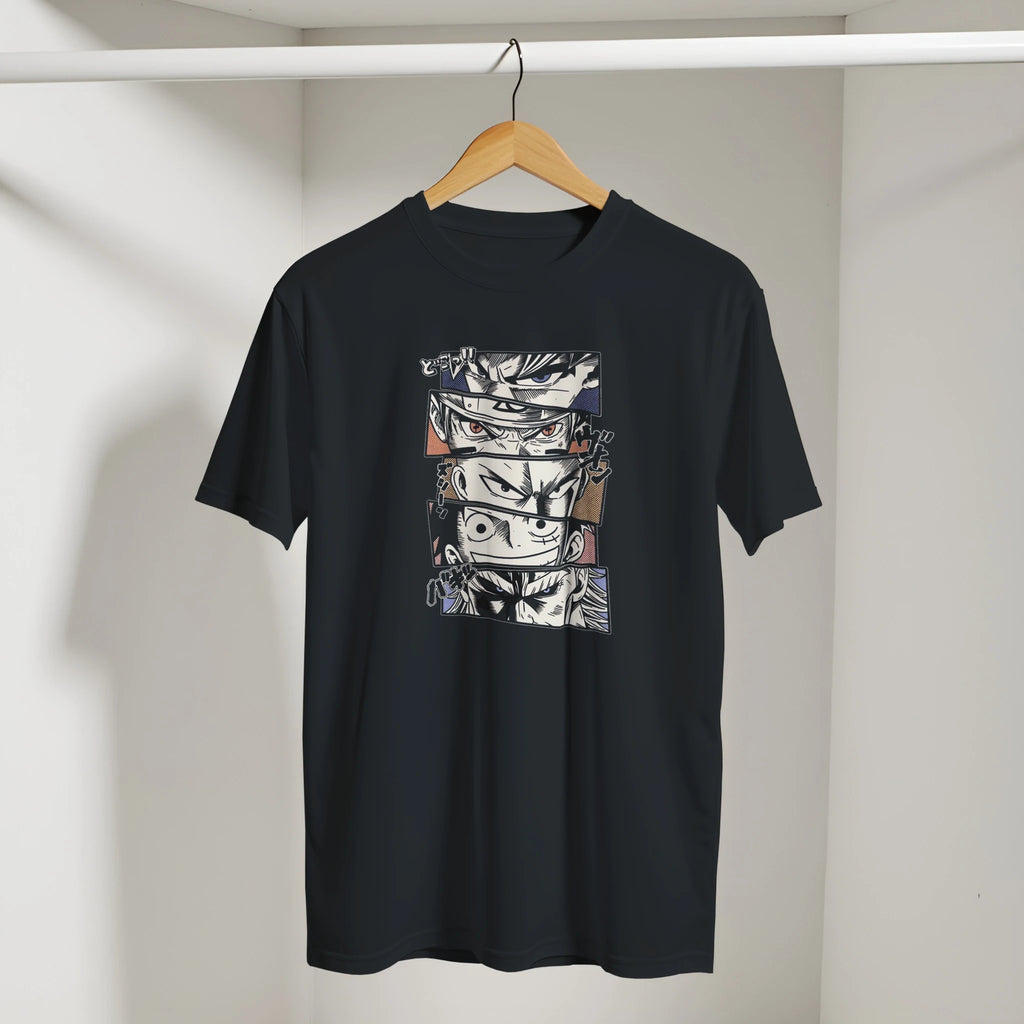 Black t-shirt with a graphic design on a hanger against a neutral background