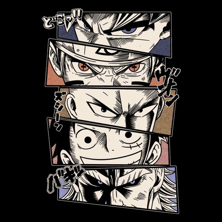 Stylized character with multiple facial expressions on a black background