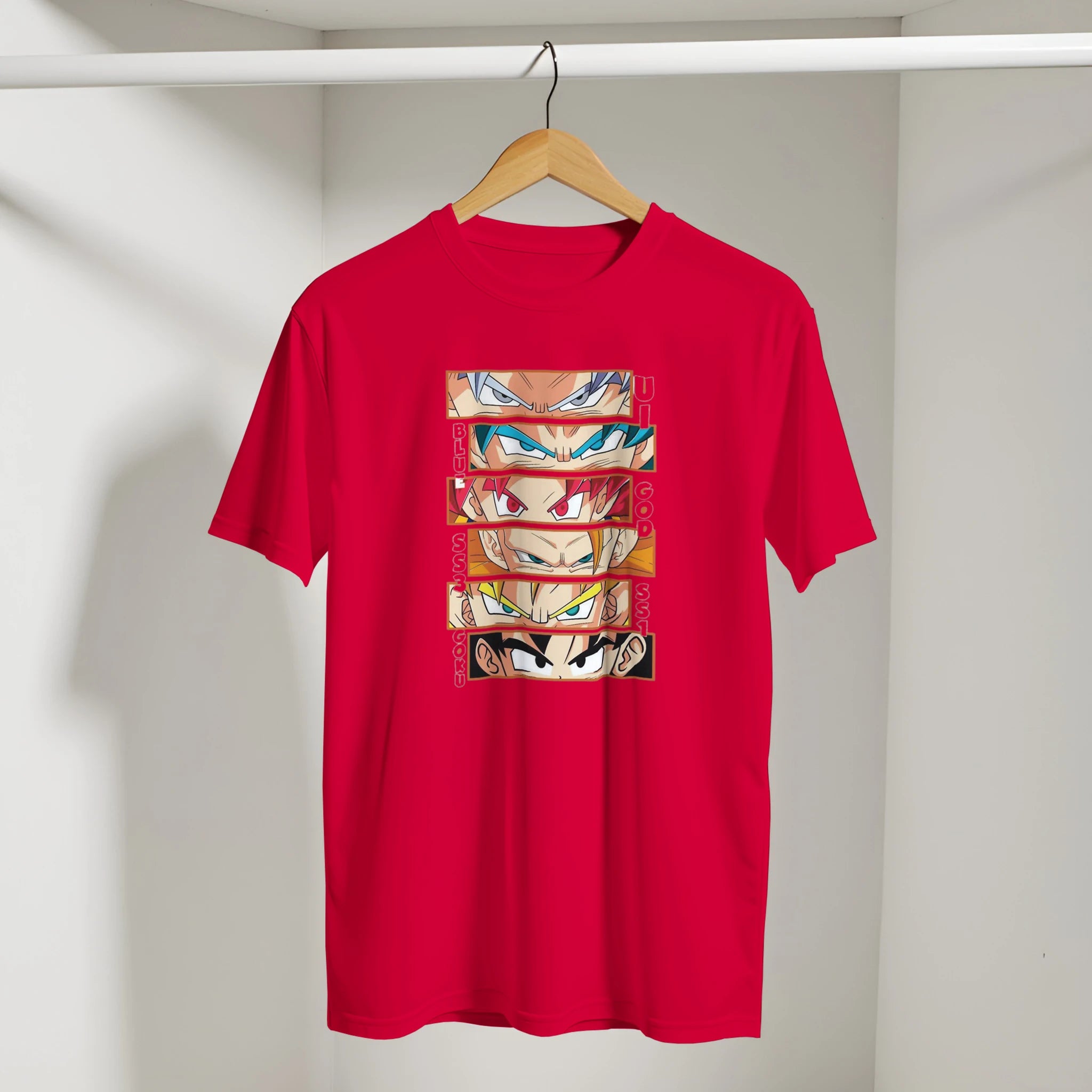 Red t-shirt with graphic design on a hanger against a white wall