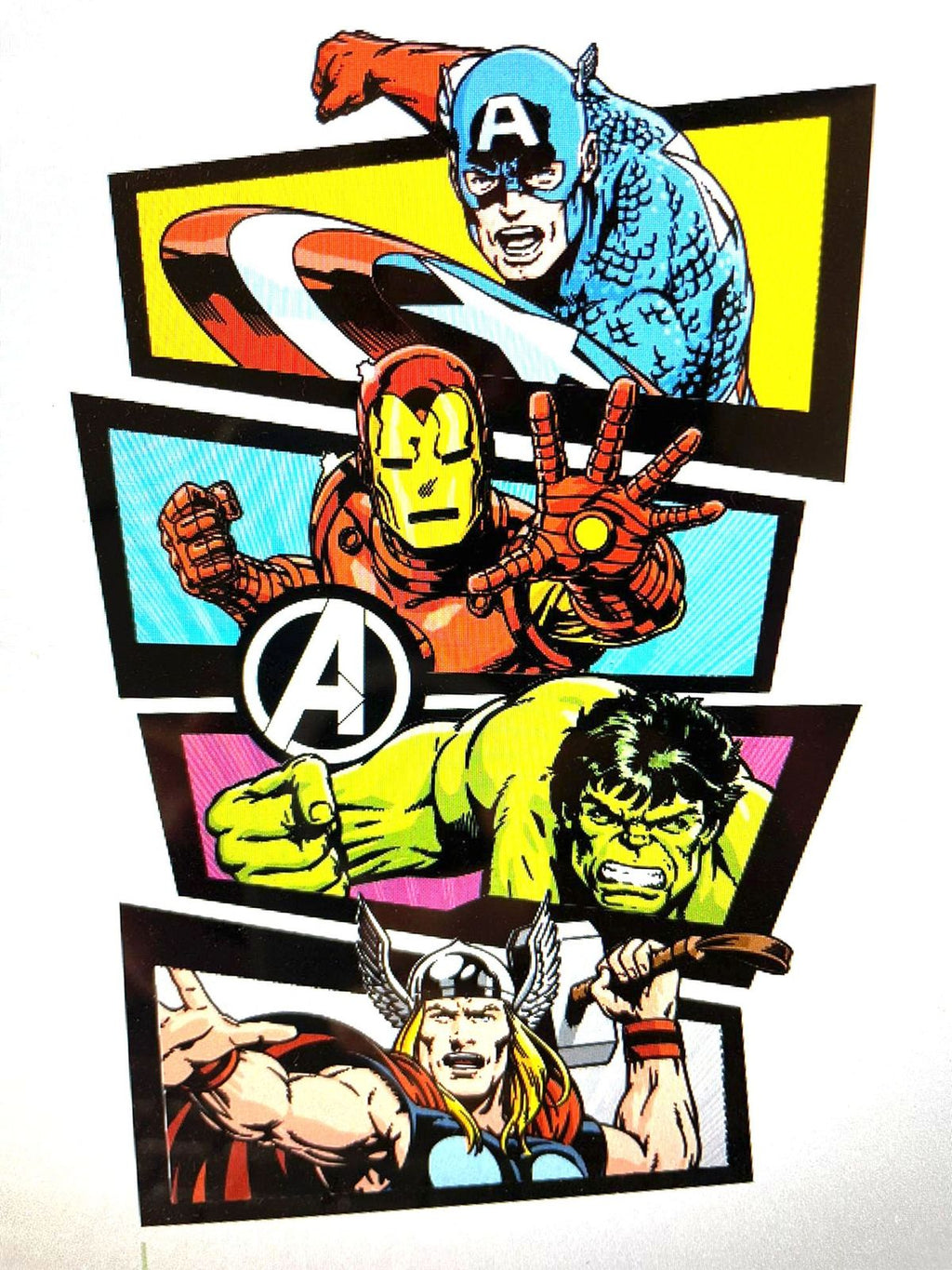 Four superhero characters in comic book style panels with colorful borders.