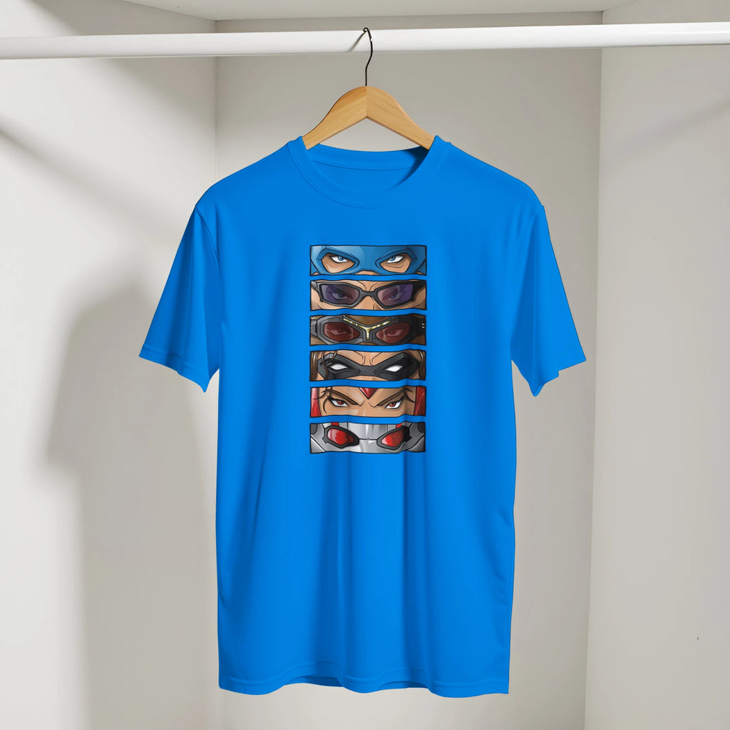 Blue t-shirt with graphic design of eyes on a hanger against a white wall