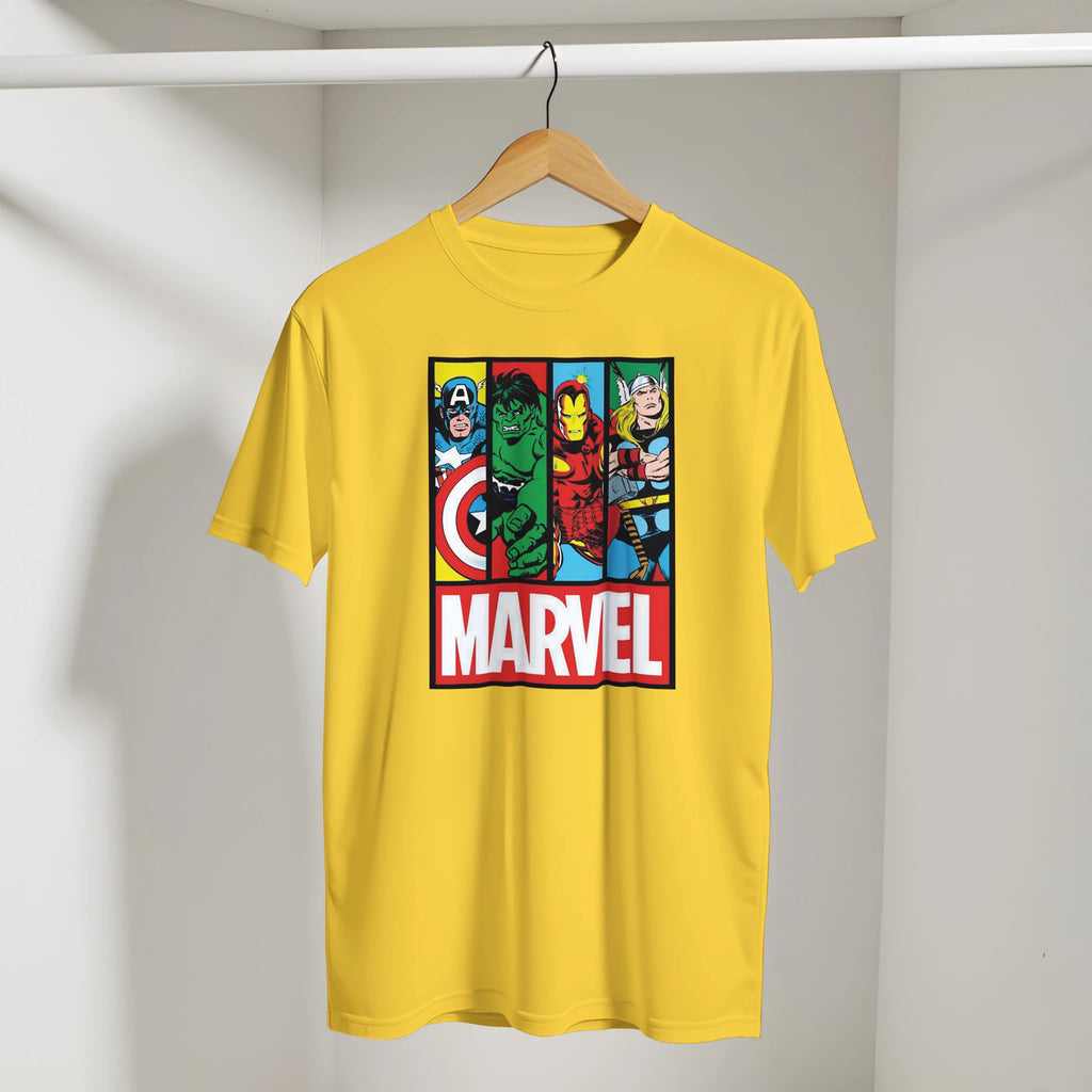 Yellow t-shirt with Marvel superhero graphic on a hanger against a white wall.