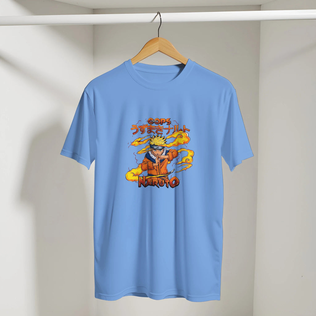 Blue t-shirt with Naruto graphic on a hanger against a plain background