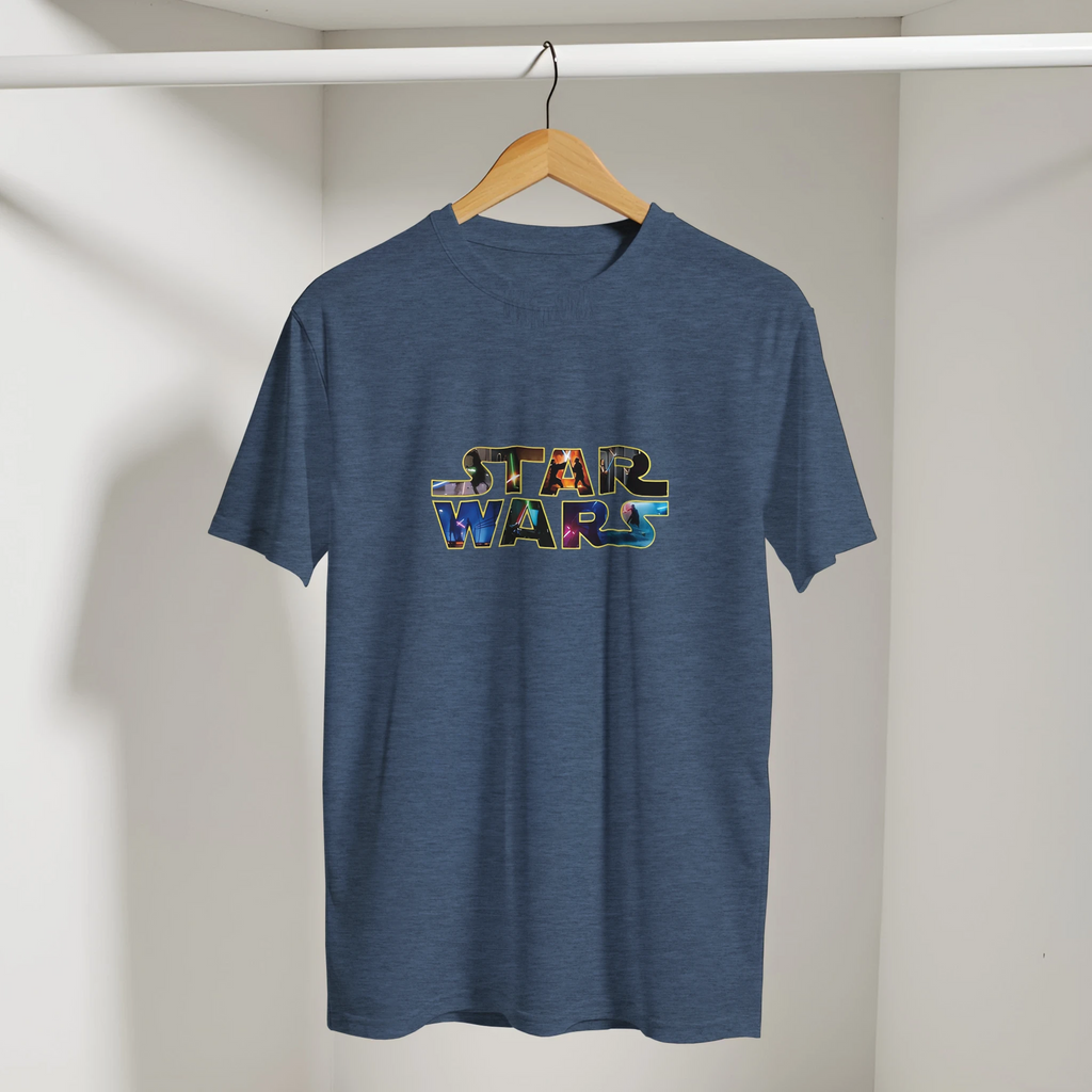 Blue t-shirt with 'Star Wars' logo on a hanger against a white background