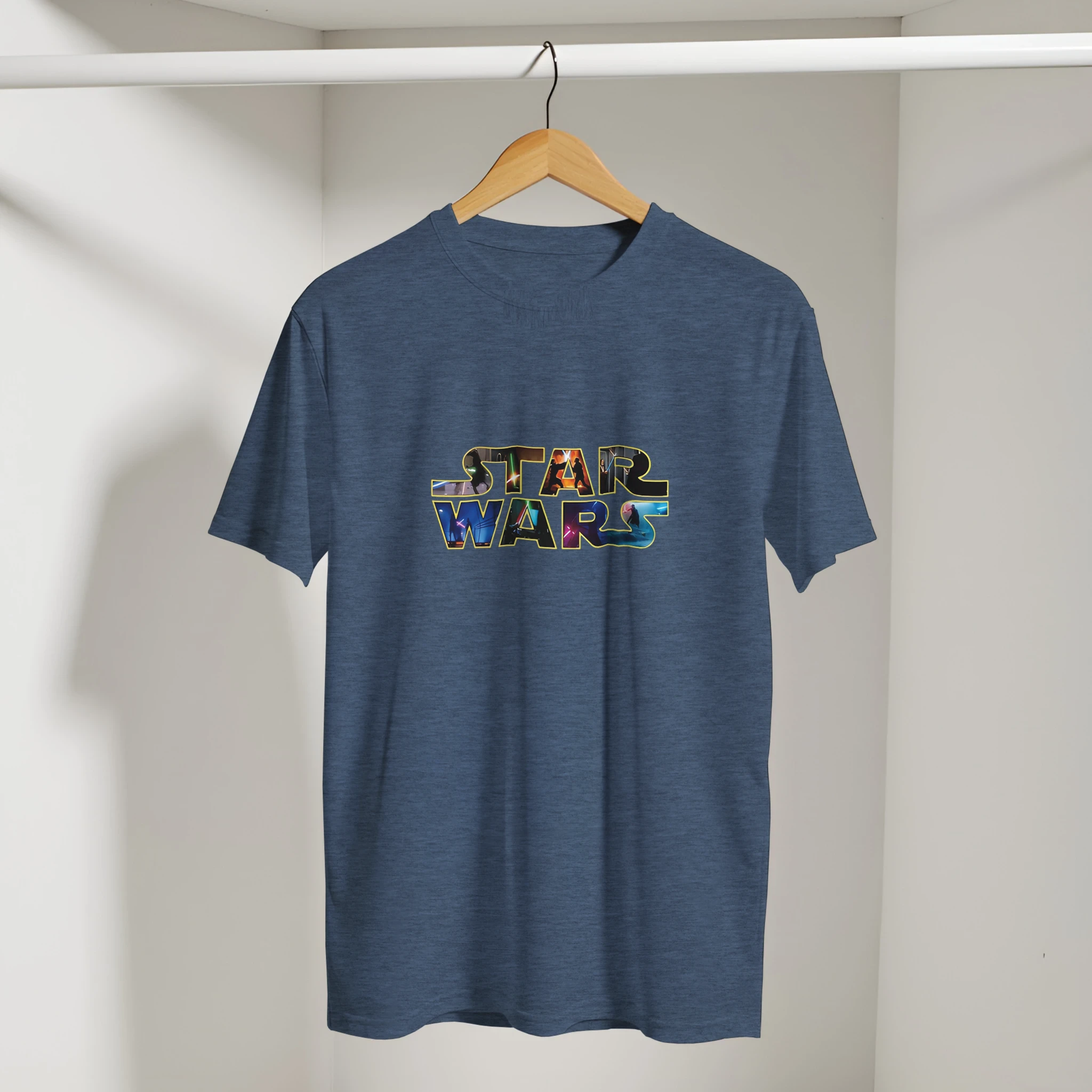 Blue t-shirt with 'Star Wars' logo on a hanger against a white background